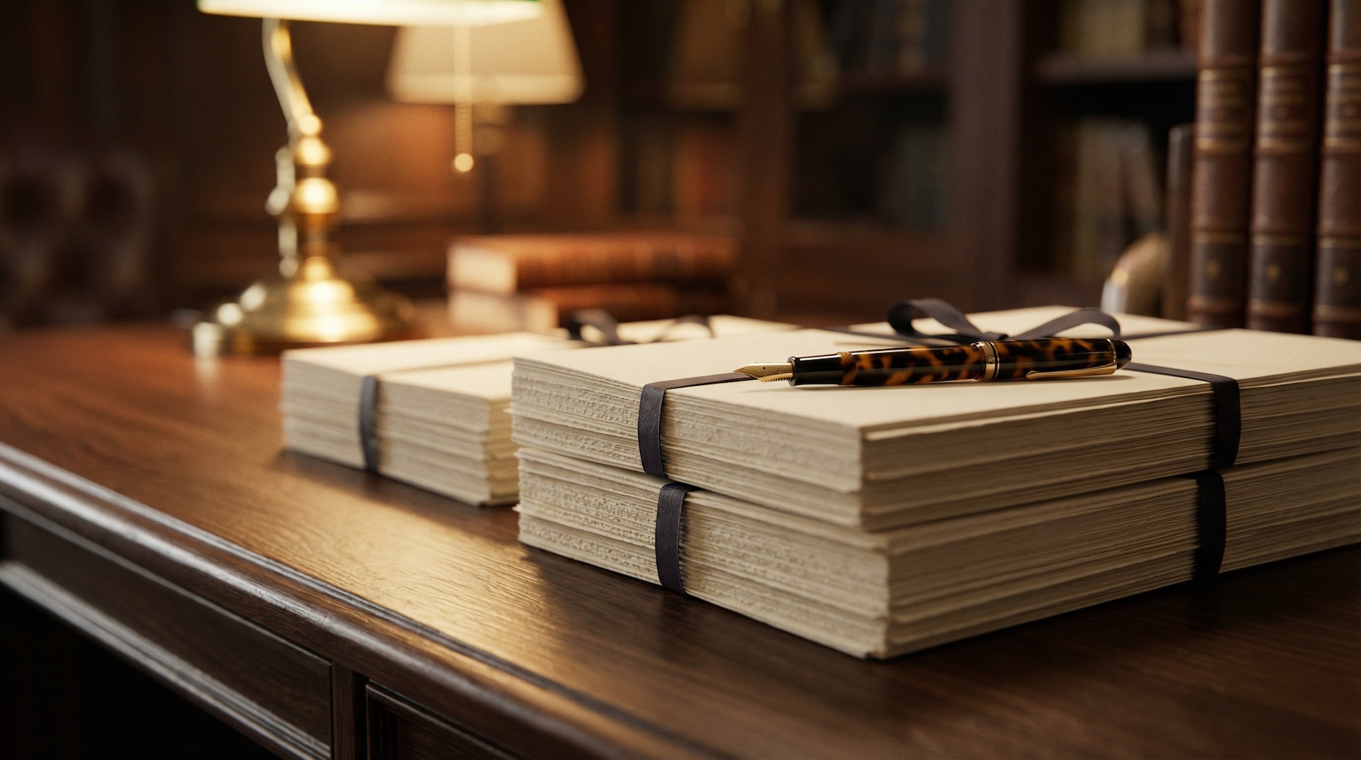 Seriöse Dokumente auf einem dunklen Holzschreibtisch