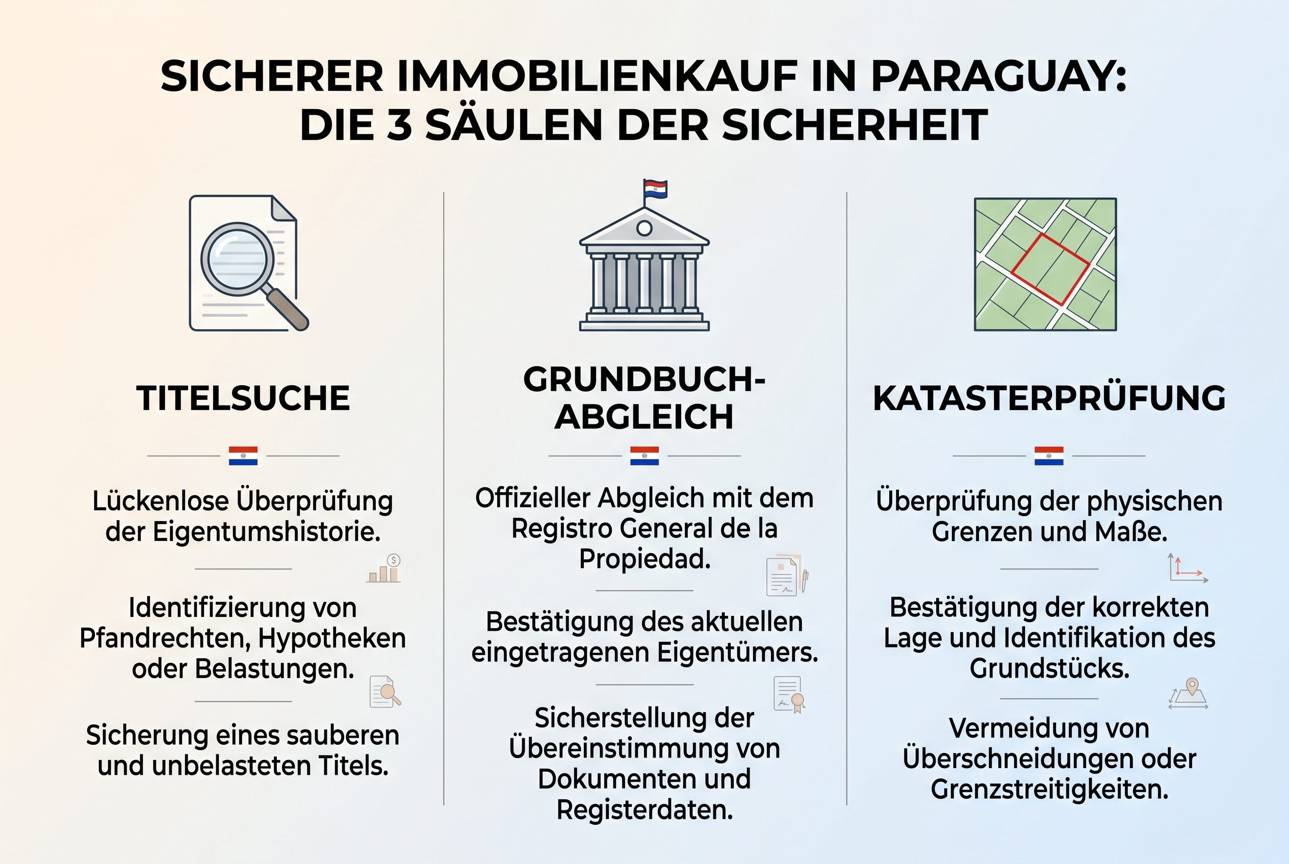 Die 3 Säulen der Sicherheit beim Grundstückskauf in Paraguay: Titelsuche, Grundbuch-Abgleich, Katasterprüfung