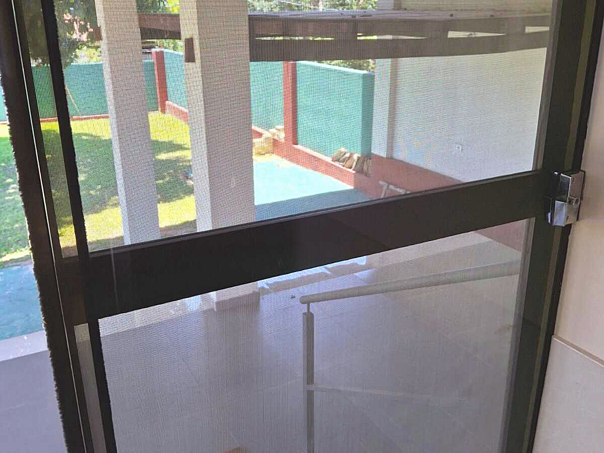 Blick durch ein Fliegengitter auf den sonnigen Gartenbereich einer Immobilie in Paraguay.