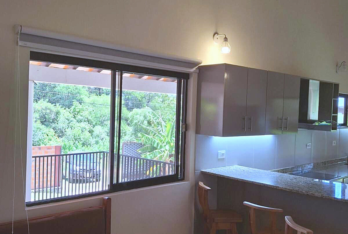 Moderne Küche in Paraguay mit stilvollen grauen Schränken, Granitarbeitsplatte und einem Fensterblick ins Grüne.