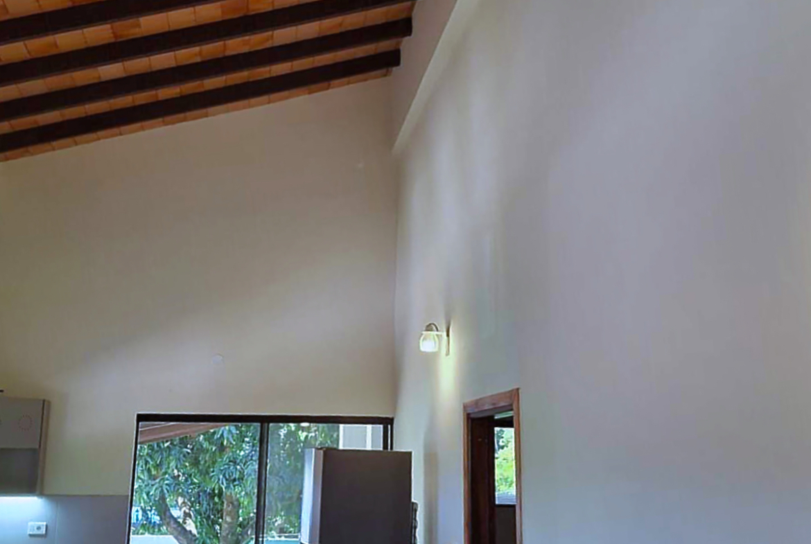 Modernes Haus in Paraguay mit hoher Decke, Holzbalken und Blick ins Grüne.