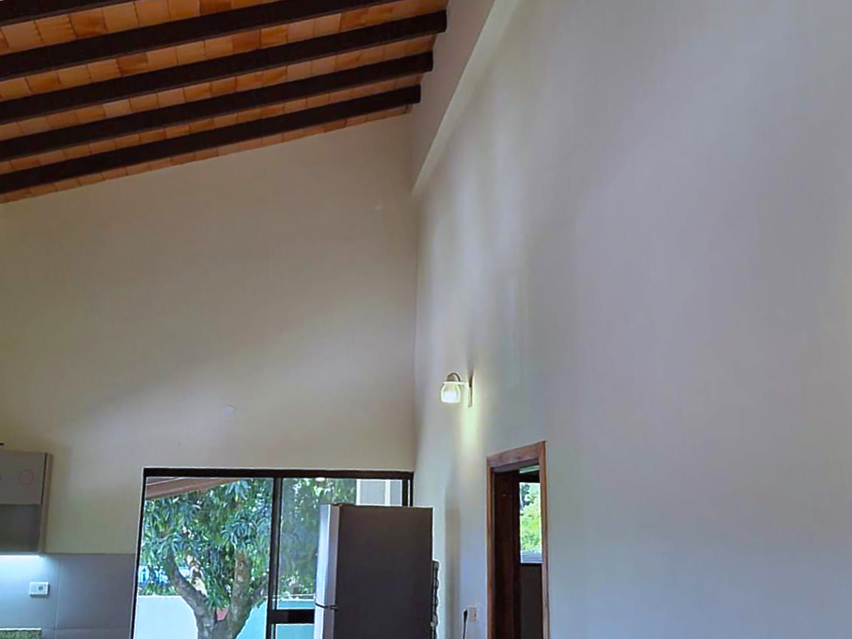 Modernes Haus in Paraguay mit hoher Decke, Holzbalken und Blick ins Grüne.